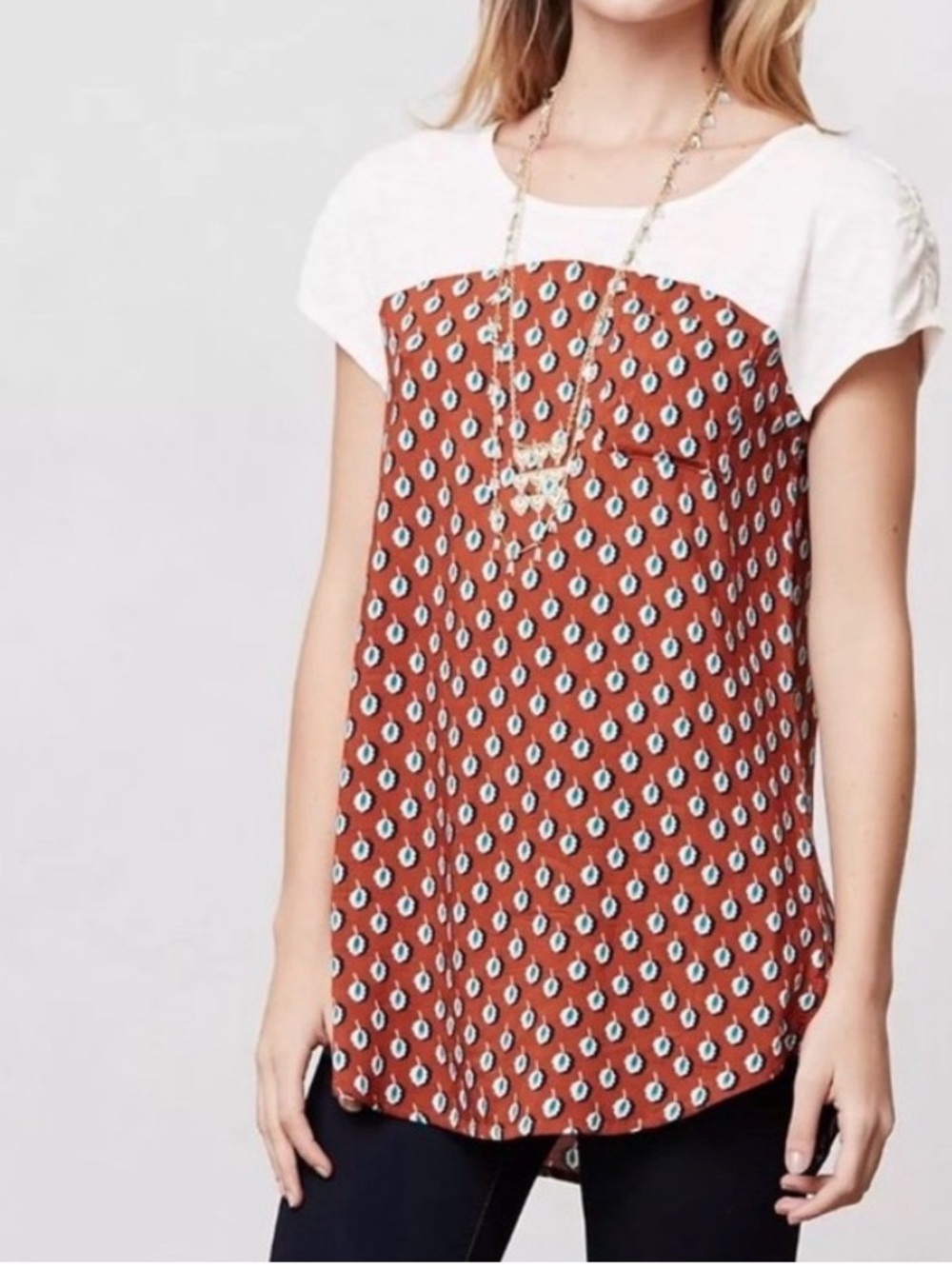 Anthropologie Meadow Rue Pattern Drop Cap Short Sleeve Top Rust and Cream Large